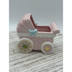 VINTAGE As Is NAPCO Pink Carriage Planter Blue Bow Ceramic Taiwan Baby Shower
